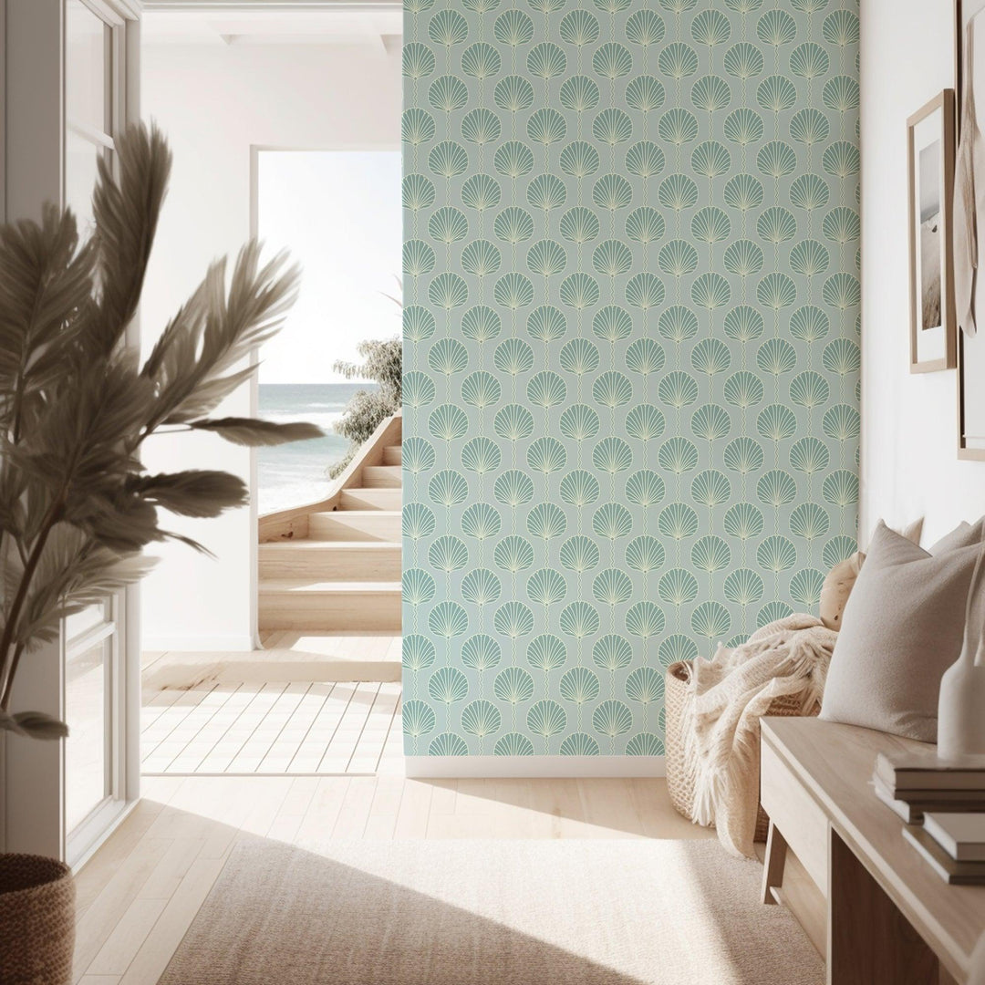 Light gray wallpaper installation in living room